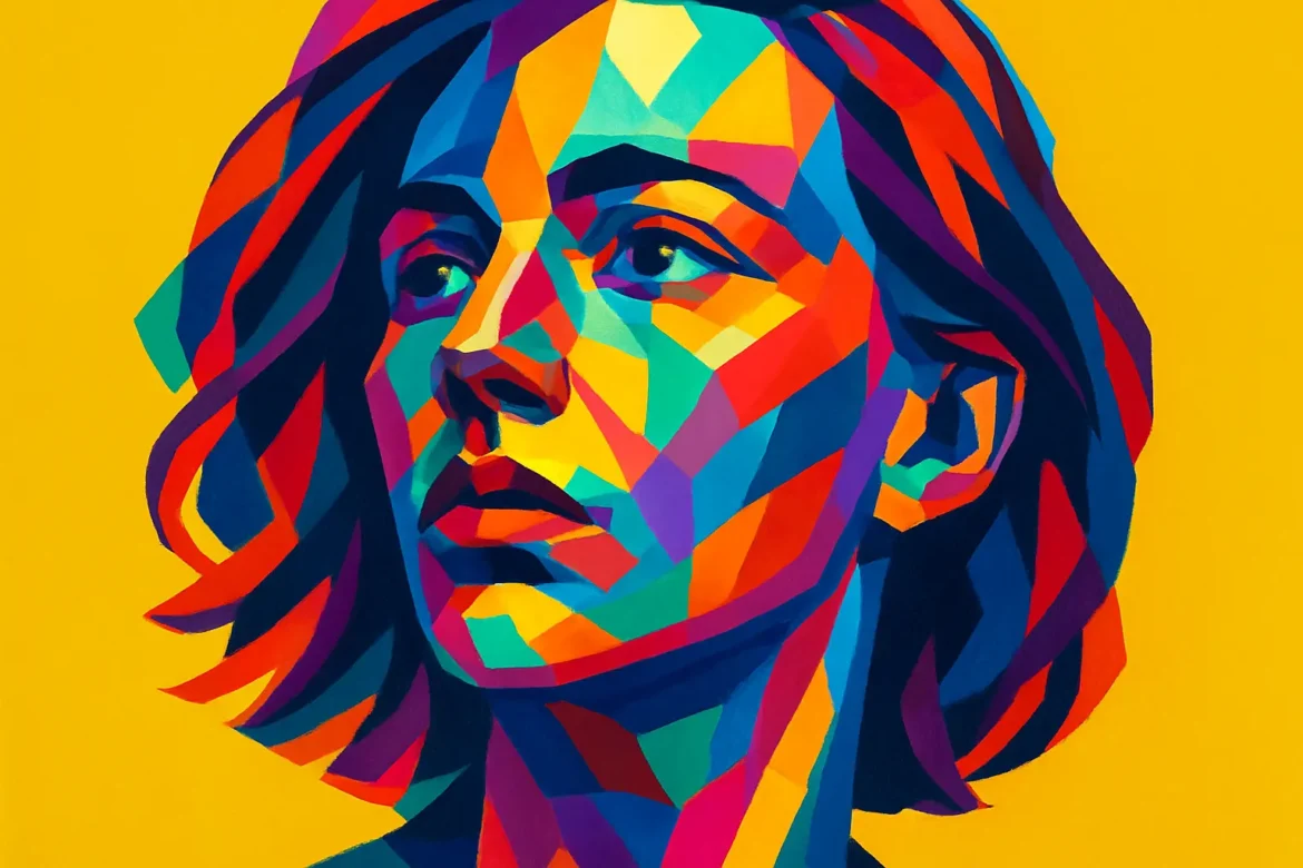 Obra artística vibrante que muestra el retrato de una mujer en estilo pop art con un enfoque expresionista. Los colores intensos y geométricos transmiten una sensación de introspección y conciencia, evocando el tema central de la imagen: la reflexión interna y el despertar de la mente. El fondo amarillo brillante realza la figura central, destacando el viaje hacia la autoconciencia.