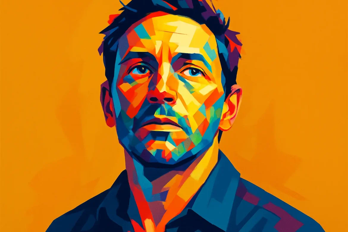 Ilustración artística vibrante de un hombre con expresión reflexiva, realizada en un estilo arte pop multicolor sobre un fondo naranja. La imagen simboliza la profundidad de la experiencia humana y la introspección, representando visualmente el tema de las '25 frases sobre experiencia'.