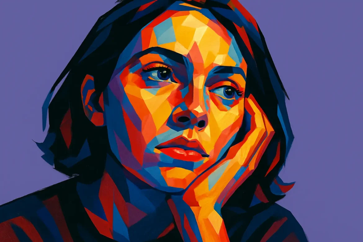 Ilustración colorida y expresiva de una mujer con la cabeza apoyada en la mano, con expresión melancólica y mirada perdida. La imagen transmite una profunda sensación de introspección y soledad, utilizando una paleta de colores vibrantes que contrastan con el tema emocional del aislamiento personal.
