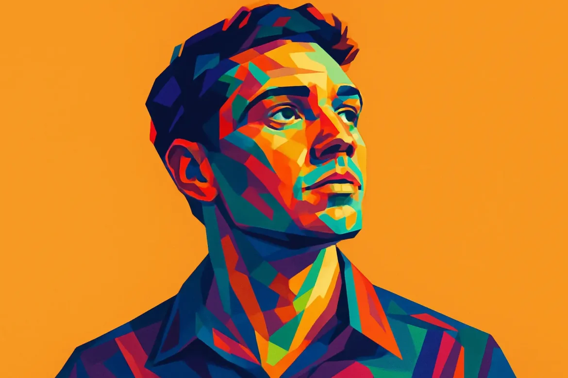 Ilustración en vibrante estilo pop art de un hombre joven mirando hacia arriba con expresión reflexiva, evocando introspección y humildad. Los colores intensos —azules, verdes, naranjas y rojos— contrastan con un fondo naranja liso, acentuando el simbolismo de la serenidad y la reflexión personal asociadas al tema de la humildad.