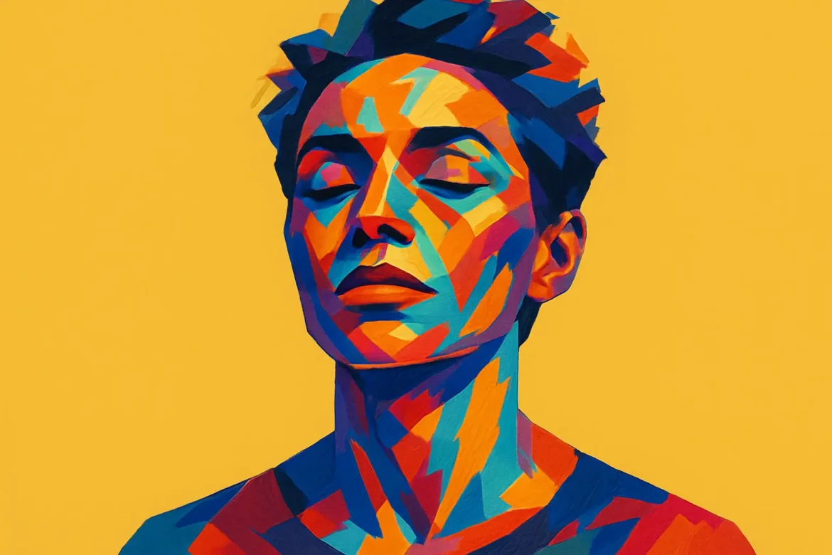 Ilustración digital con estilo de arte pop que representa a una persona meditando con los ojos cerrados sobre un fondo amarillo sólido. El uso vibrante de colores azules, rojos y naranjas simboliza la conexión entre mente, cuerpo y emociones, evocando el estado de atención plena o mindfulness. La serenidad del rostro destaca la práctica de estar presente en el aquí y ahora, tema central de las 12 frases sobre mindfulness que inspiran a cultivar el equilibrio interior.
