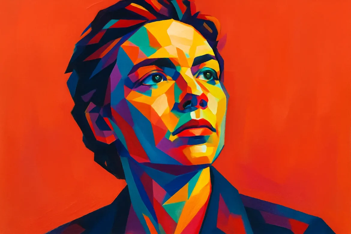 Ilustración colorida en estilo arte pop que representa a una figura cinematográfica en actitud reflexiva, sobre un fondo rojo vibrante. La imagen, compuesta por formas geométricas en tonos intensos, transmite emoción, inspiración y una conexión con el arte del cine, evocando el poder expresivo de las grandes actuaciones y las profundas narrativas del séptimo arte.