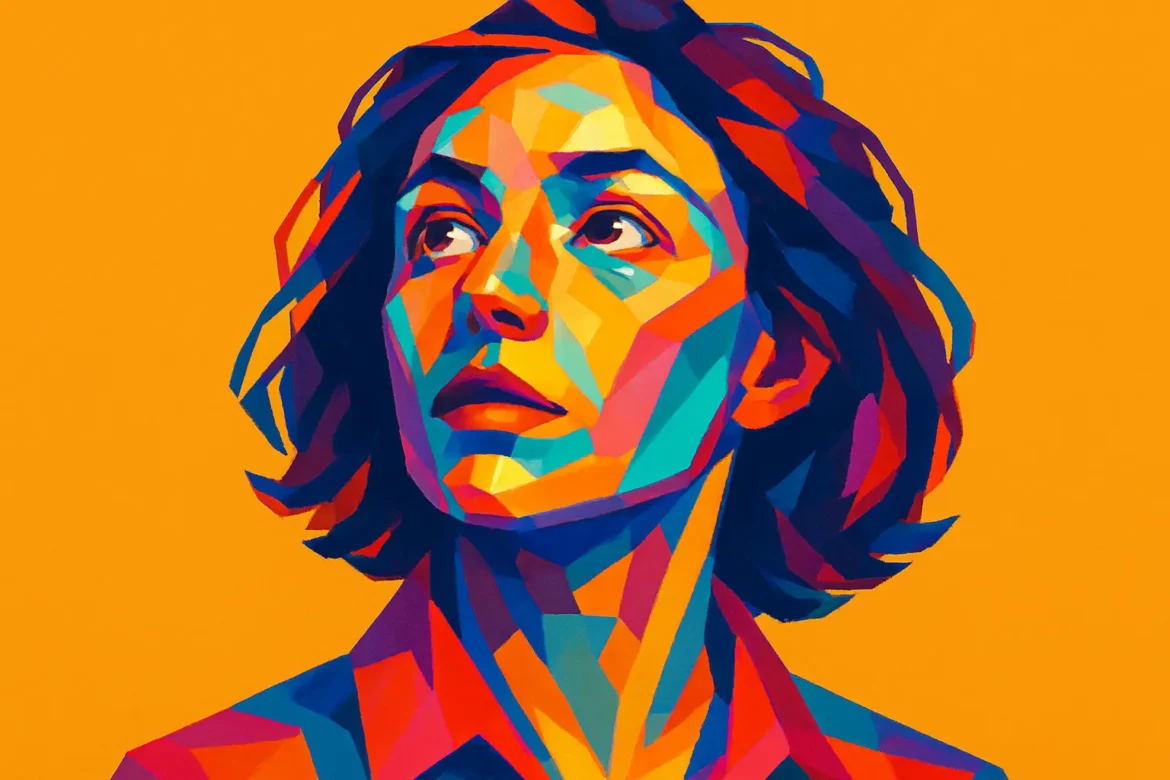 Ilustración vibrante y colorida de una mujer en actitud curiosa y contemplativa, con la mirada elevada como símbolo de la búsqueda de conocimiento y descubrimiento interior. El estilo geométrico y el uso de colores intensos resaltan el dinamismo de la mente curiosa, destacando la curiosidad como fuerza motriz del pensamiento y la creatividad. Fondo naranja sólido que intensifica la expresividad de la figura.