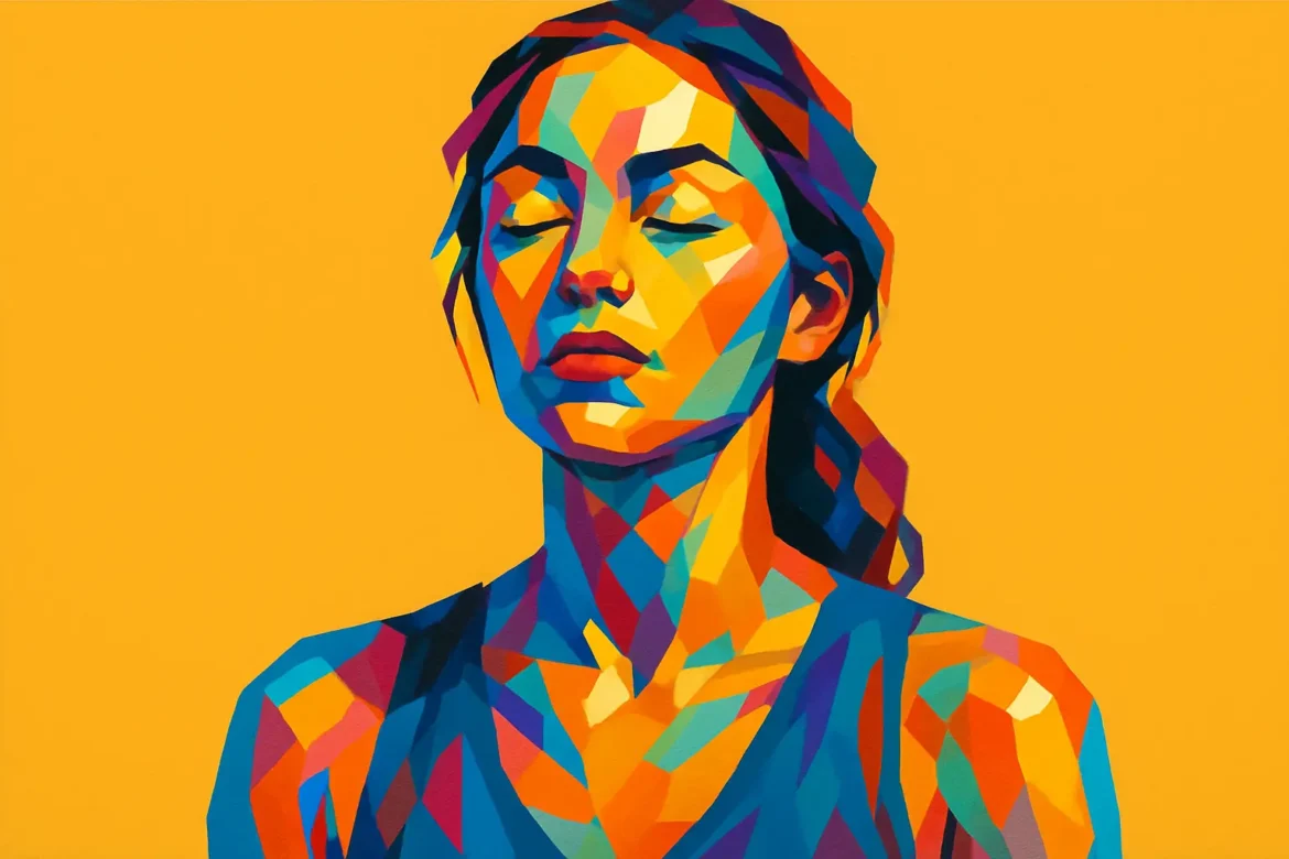 Ilustración vibrante y colorida de una mujer con los ojos cerrados en actitud de meditación, realizada en estilo pop art sobre fondo amarillo. La imagen expresa calma interior, concentración y conexión consigo misma, capturando visualmente la esencia de la meditación como práctica de introspección y equilibrio emocional.
