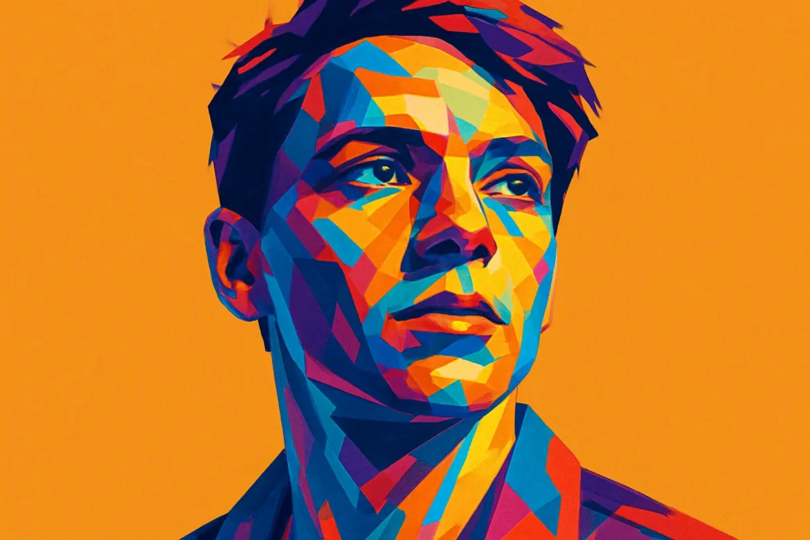 Ilustración digital vibrante en estilo pop-art geométrico de una persona joven, representando el impacto de la tecnología en la identidad y expresión contemporáneas. Los colores intensos y contrastantes simbolizan la conexión entre humanidad y tecnología en un mundo cada vez más digitalizado, donde las ideas y la innovación moldean el futuro.