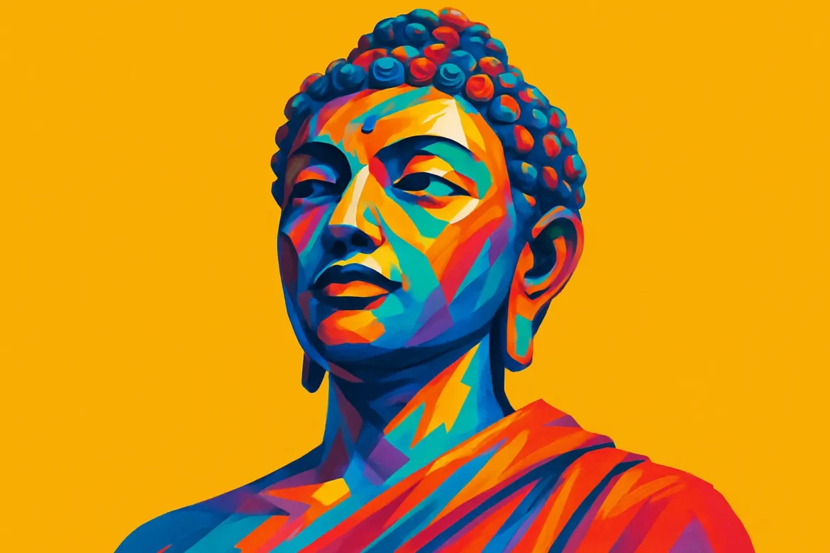 Retrato artístico moderno y multicolor de Buda, figura central del budismo conocida por sus enseñanzas sobre la compasión, la sabiduría y la paz interior. Sobre un fondo amarillo vibrante, la imagen transmite serenidad y profundidad espiritual, reflejando los valores universales presentes en las frases budistas sobre la paz.