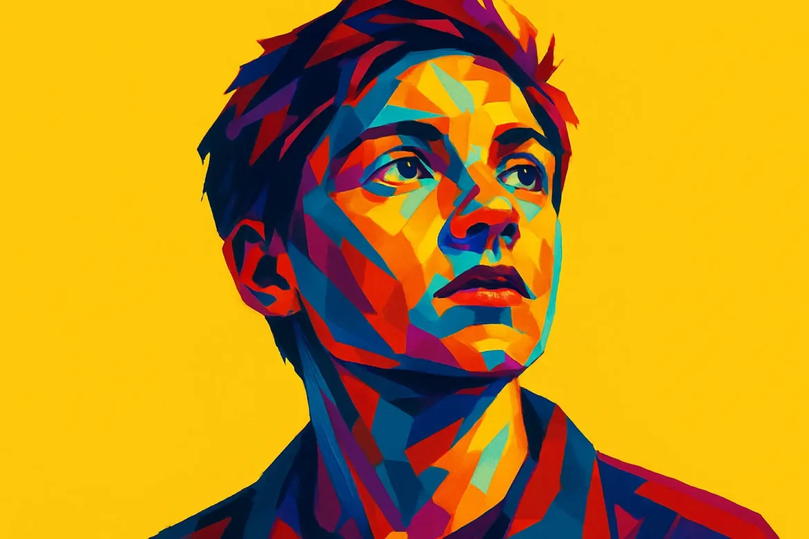 Ilustración colorida y geométrica de una persona joven, con expresión seria y mirada elevada, simbolizando la búsqueda del conocimiento y el poder transformador del aprendizaje. La imagen utiliza vibrantes tonos de azul, rojo, naranja y púrpura sobre un fondo amarillo brillante, transmitiendo energía, reflexión e inspiración intelectual en consonancia con el tema '20 Frases sobre Aprendizaje'.