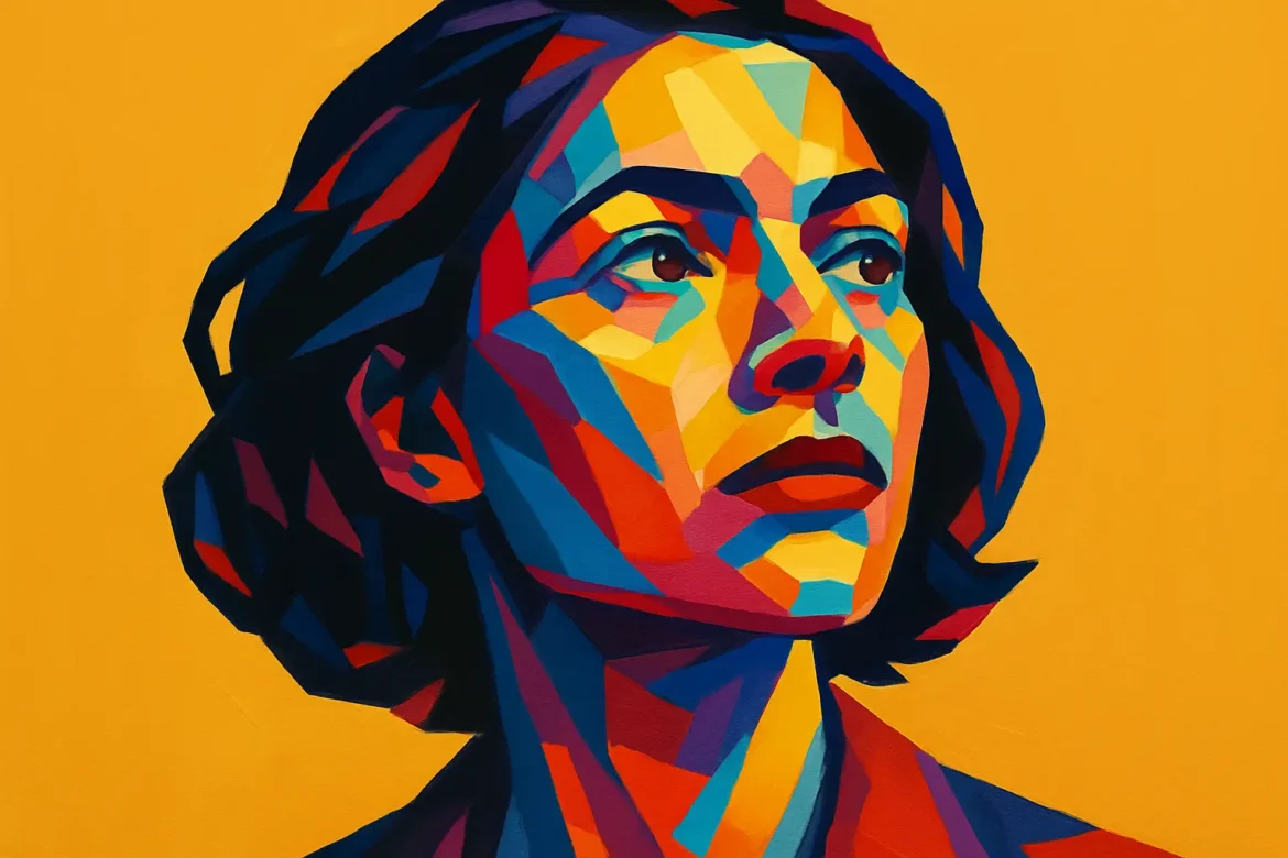 Ilustración en estilo pop art de una mujer con expresión reflexiva, creada con un vibrante juego de colores sobre un fondo amarillo intenso. Esta imagen, inspirada en el tema de la literatura, evoca el poder de las palabras y la imaginación, representando la figura femenina como símbolo de sabiduría, introspección y creatividad narrativa.