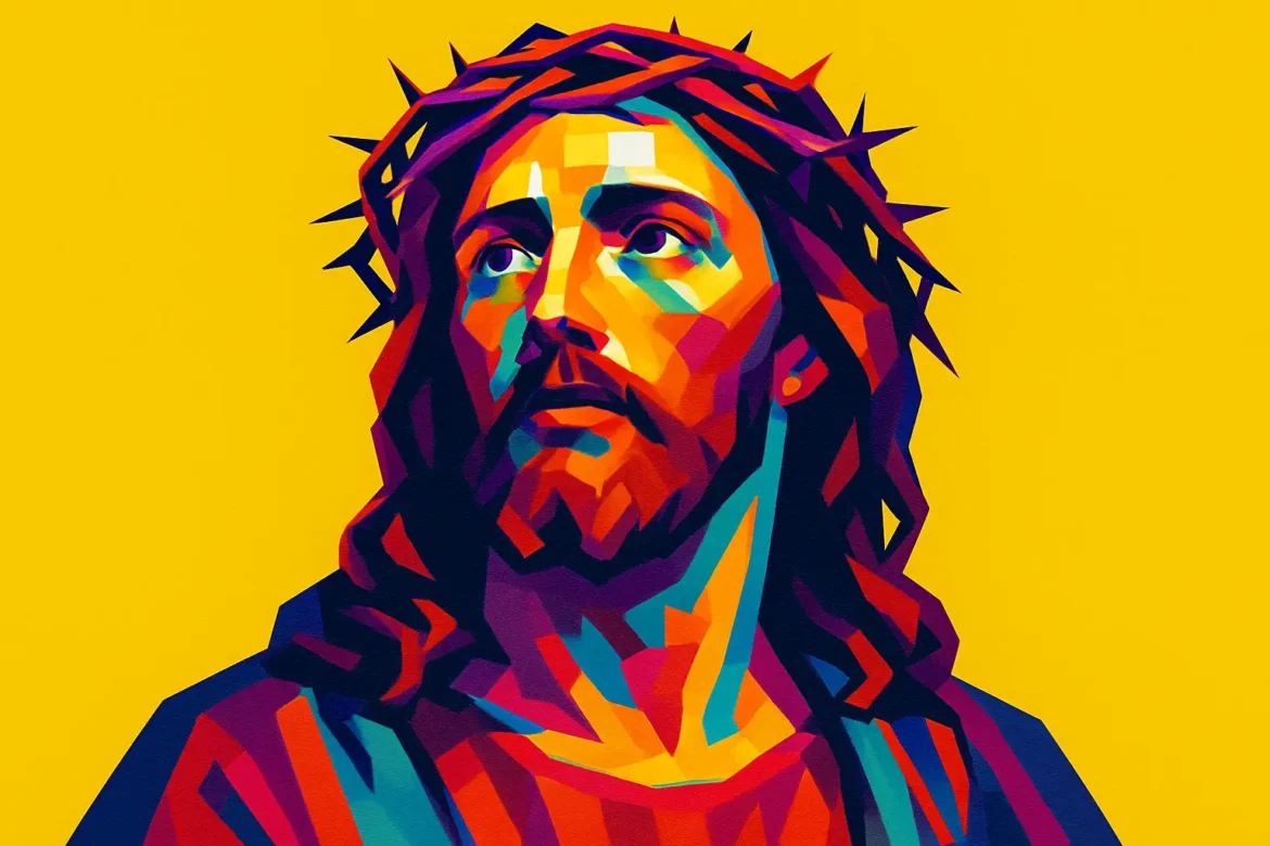 Representación artística de Jesús de Nazaret con la corona de espinas, en un vibrante estilo pop art sobre fondo amarillo. Esta imagen evoca uno de los momentos más significativos de la pasión de Cristo, simbolizando el sacrificio, la redención y el amor incondicional según la tradición cristiana. Jesús es una figura central en la Biblia y protagonista de numerosas frases bíblicas célebres como 'Yo soy el camino, la verdad y la vida' (Juan 14:6).