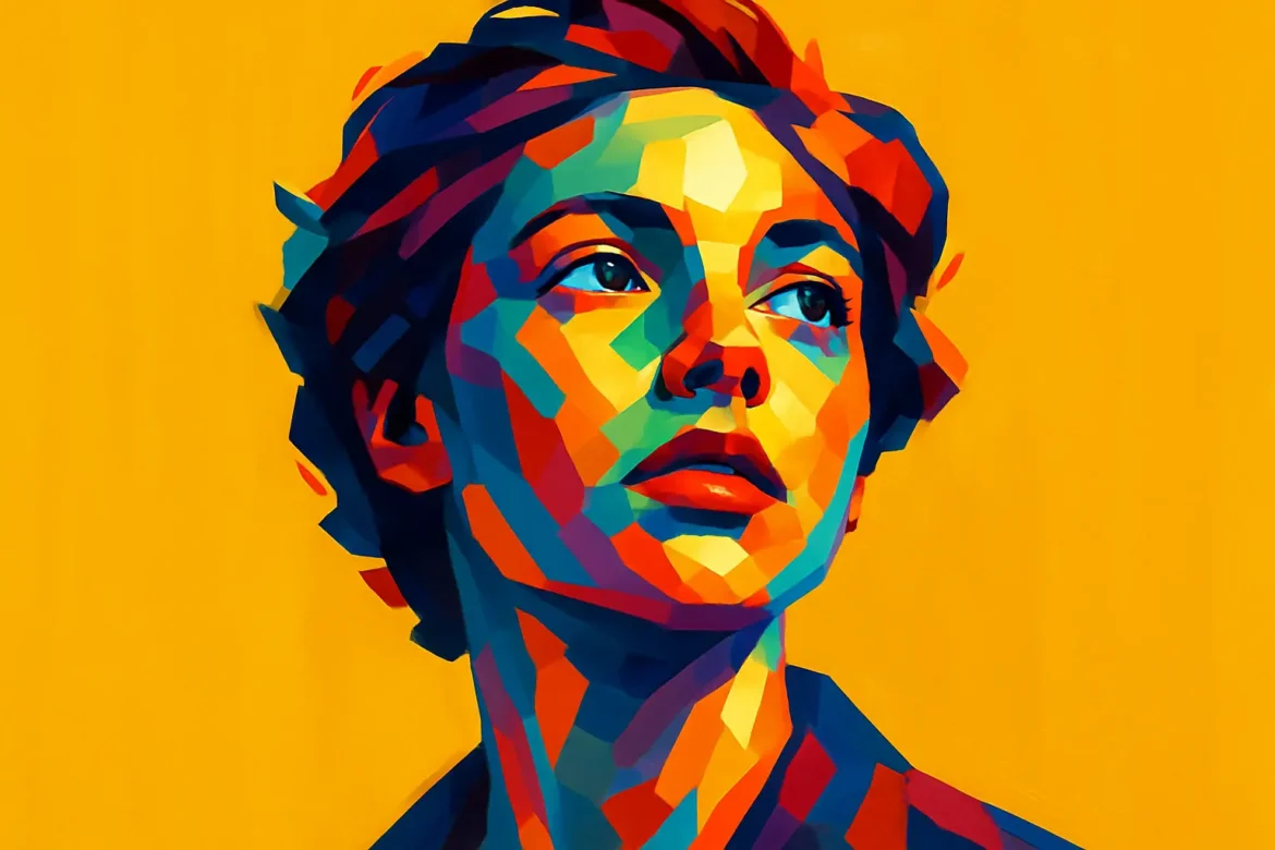 Retrato vibrante de una actriz capturada en estilo pop art, con una expresión contemplativa y mirada elevada que evoca la profundidad emocional del teatro. Los colores intensos y contrastantes simbolizan la intensidad dramática y la multiplicidad de emociones presentes en el arte escénico. Fondo amarillo brillante que resalta la figura central, recordando el poder del teatro como espejo de la condición humana.