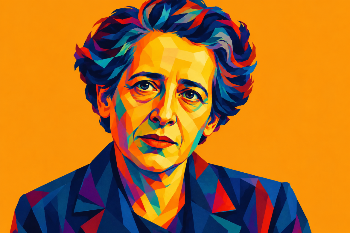 Retrato ilustrado de Hannah Arendt en colores vivos sobre un fondo naranja.
