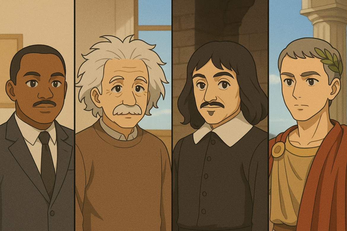 Esta ilustração em estilo anime retrata quatro personalidades históricas icônicas que moldaram diferentes aspectos da civilização humana. Da esquerda para a direita: Martin Luther King Jr., o líder dos direitos civis americanos, representado em seu característico terno formal; Albert Einstein, o genial físico alemão, com seus cabelos brancos desalinhados e suéter marrom típico; René Descartes, o filósofo e matemático francês do século XVII, vestindo roupas escuras da época; e por fim, Júlio César, o imperador romano, adornado com vestes clássicas, uma coroa de louros e toga vermelha. A arte combina o estilo visual contemporâneo do anime com representações respeitosas dessas figuras que revolucionaram, respectivamente, os direitos humanos, a física moderna, a filosofia racionalista e o império romano. Cada personagem é retratado com seus elementos visuais mais reconhecíveis, criando uma ponte entre diferentes épocas e áreas do conhecimento humano.