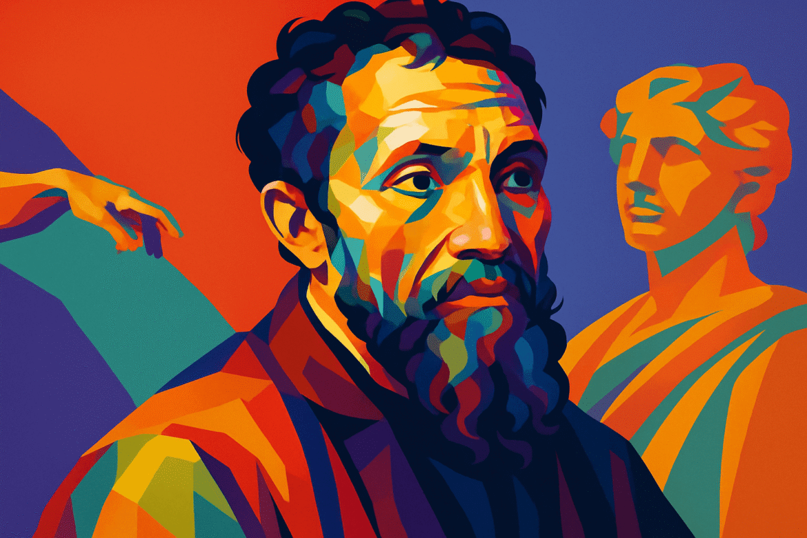 Michelangelo — gênio da Renascença retratado em estilo vibrante, com sua expressão intensa em primeiro plano, uma escultura clássica ao fundo e uma mão simbolizando a criação, remetendo à sua vasta contribuição como pintor, escultor e arquiteto.