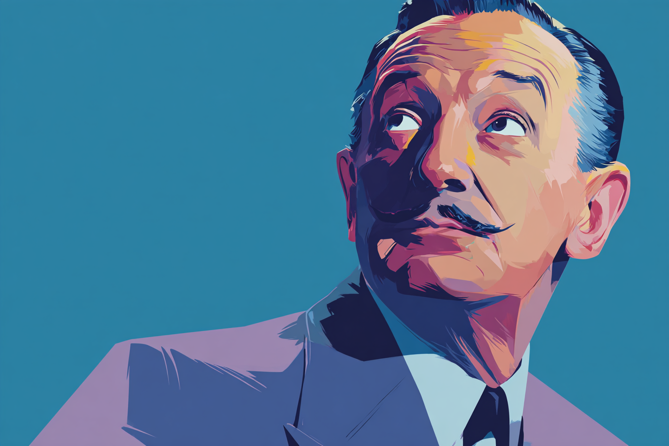Retrato artístico em estilo pop art de Walter Elias Disney (1901-1966), o visionário criador do império Disney e revolucionário da indústria do entretenimento. Nesta representação colorida e moderna, Disney aparece com seu característico bigode e expressão otimista, refletindo sua personalidade criativa e empreendedora. Ele foi o pioneiro da animação cinematográfica, criador de personagens icônicos como Mickey Mouse, Donald Duck e Branca de Neve, além de ser o idealizador da Disneylândia, o primeiro parque temático moderno. Sua visão inovadora transformou a animação de simples desenhos em uma forma de arte sofisticada, estabelecendo os estúdios Disney como sinônimo de qualidade e magia no entretenimento familiar, influenciando gerações e criando um legado que perdura até hoje na cultura popular mundial.
