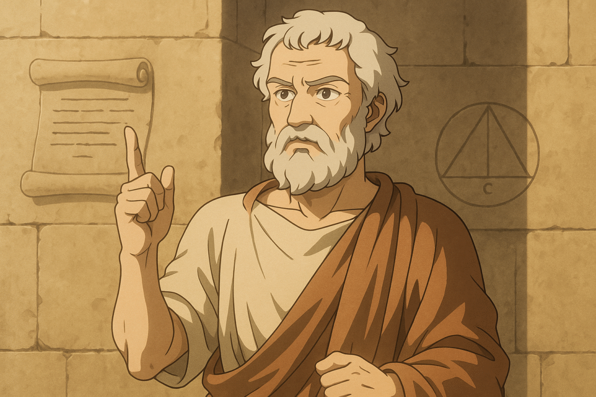 Ilustração artística de Platão (c. 428-348 a.C.), um dos mais influentes filósofos da Grécia Antiga e fundador da Academia de Atenas. Na imagem, ele aparece caracterizado com barbas e vestes típicas da época, segurando um pergaminho, simbolizando sua vasta produção intelectual que incluiu obras como "A República" e "Fedro". Ao fundo, elementos geométricos fazem referência à sua famosa frase "Que ninguém entre aqui sem saber geometria", inscrita na entrada de sua Academia, demonstrando a importância que dava à matemática como base do conhecimento filosófico.