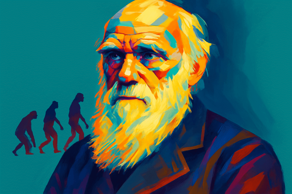 Charles Darwin — retrato artístico vibrante do naturalista britânico, com sua icônica barba branca, acompanhado de uma representação gráfica da evolução humana ao fundo.