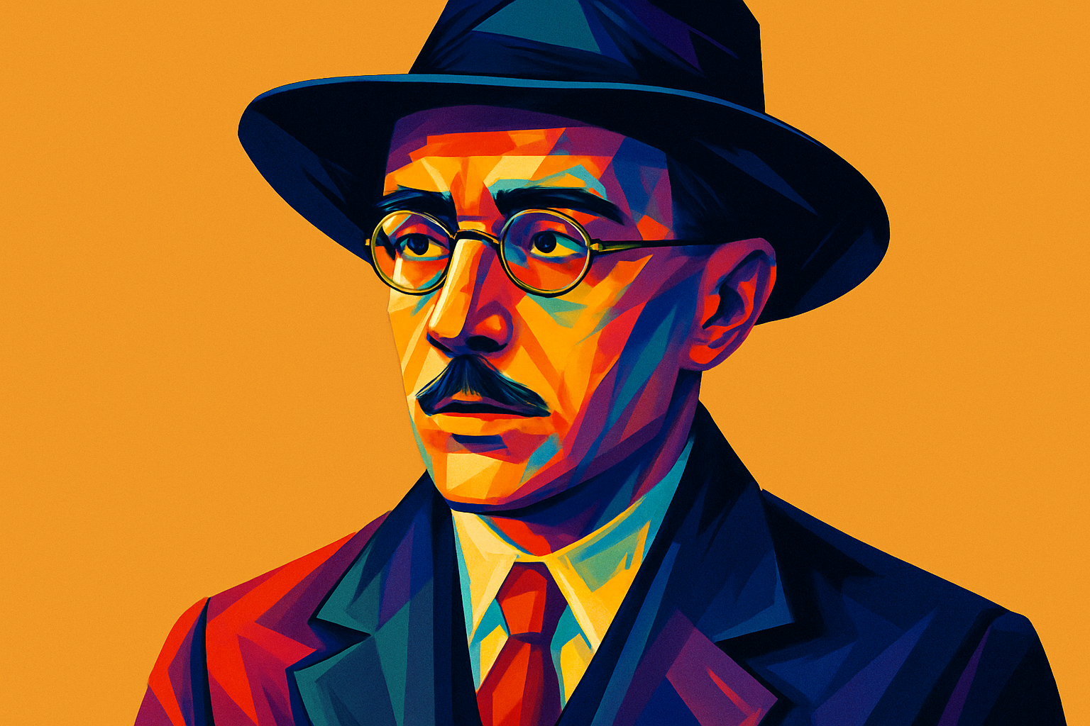 Fernando Pessoa, o grande poeta português, em representação artística melancólica.