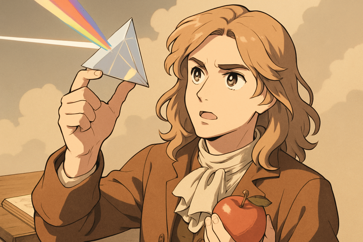 Isaac Newton — cientista e matemático segurando uma maçã em uma mão e um prisma na outra, com feixe de luz criando espectro de cores, representando suas descobertas sobre óptica e gravidade.