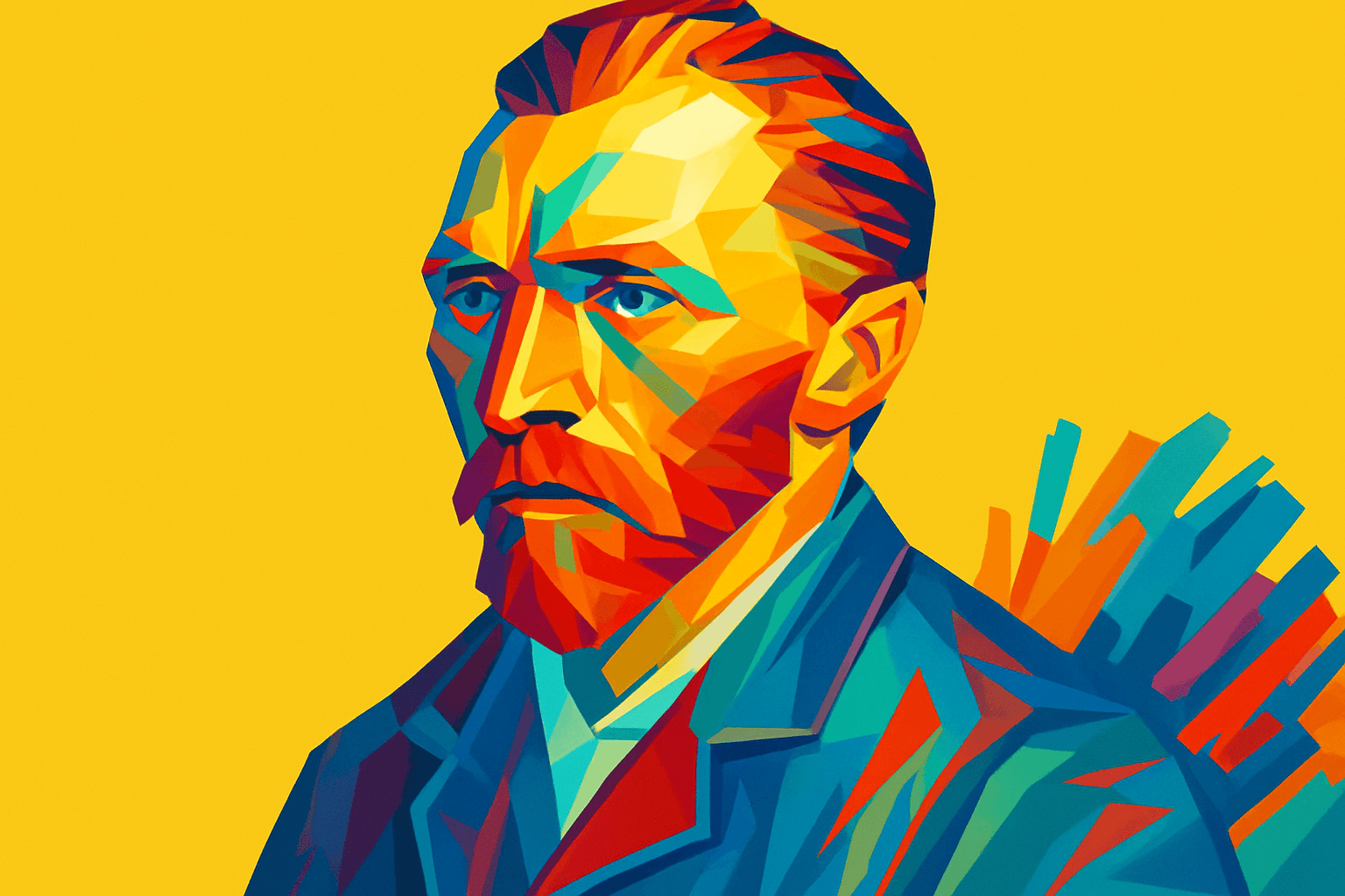 Retrato estilizado de Vincent van Gogh — representado em um colorido estilo pop art sobre fundo amarelo, com formas geométricas e tons vibrantes que remetem à intensidade emocional e criatividade do artista.