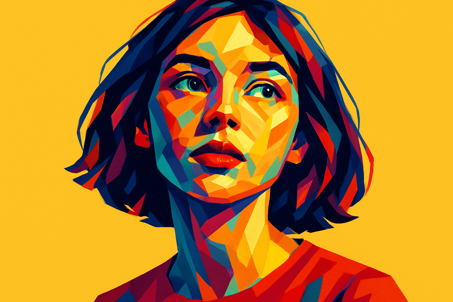 arota com expressão pensativa e olhar sonhador, retratada em estilo pop art com cores vibrantes sobre fundo amarelo, evocando sentimentos de nostalgia e intensidade típicos do primeiro amor.