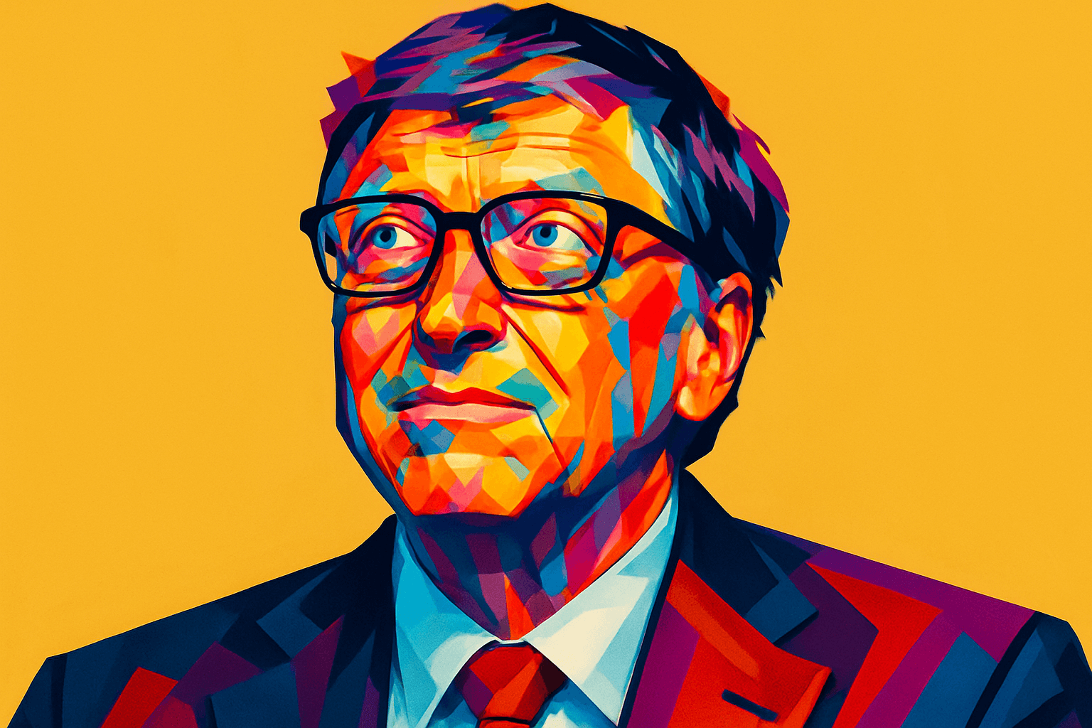 Bill Gates — empresário visionário e filantropo, retratado em arte pop colorida com fundo amarelo vibrante, vestindo terno e gravata, simbolizando liderança e sucesso nos negócios.