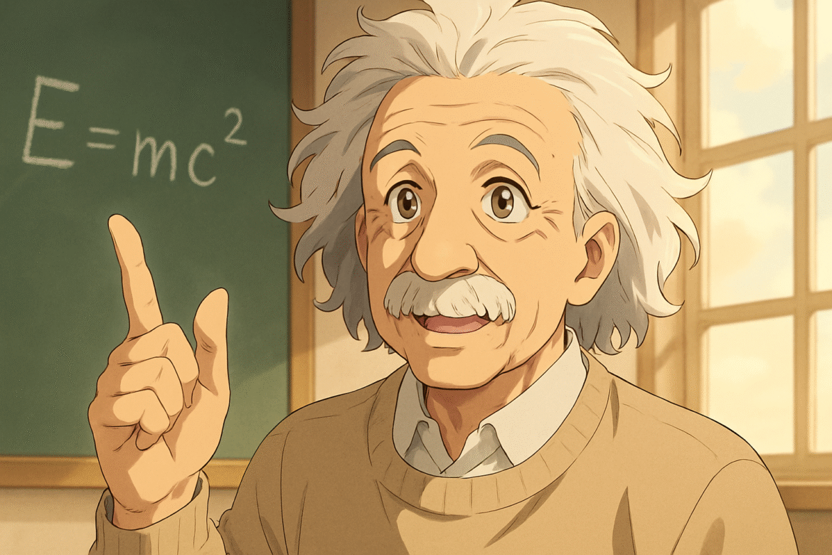 Albert Einstein — físico teórico renomado representado em estilo artístico, com expressão animada, diante de um quadro-negro exibindo sua famosa equação E=mc², em uma sala de aula iluminada pela luz do sol através da janela.