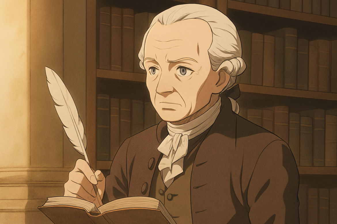 Immanuel Kant — renomado filósofo alemão do século XVIII, retratado em estilo artístico animado, com vestimenta clássica da época, segurando uma pena e um livro em uma biblioteca antiga.
