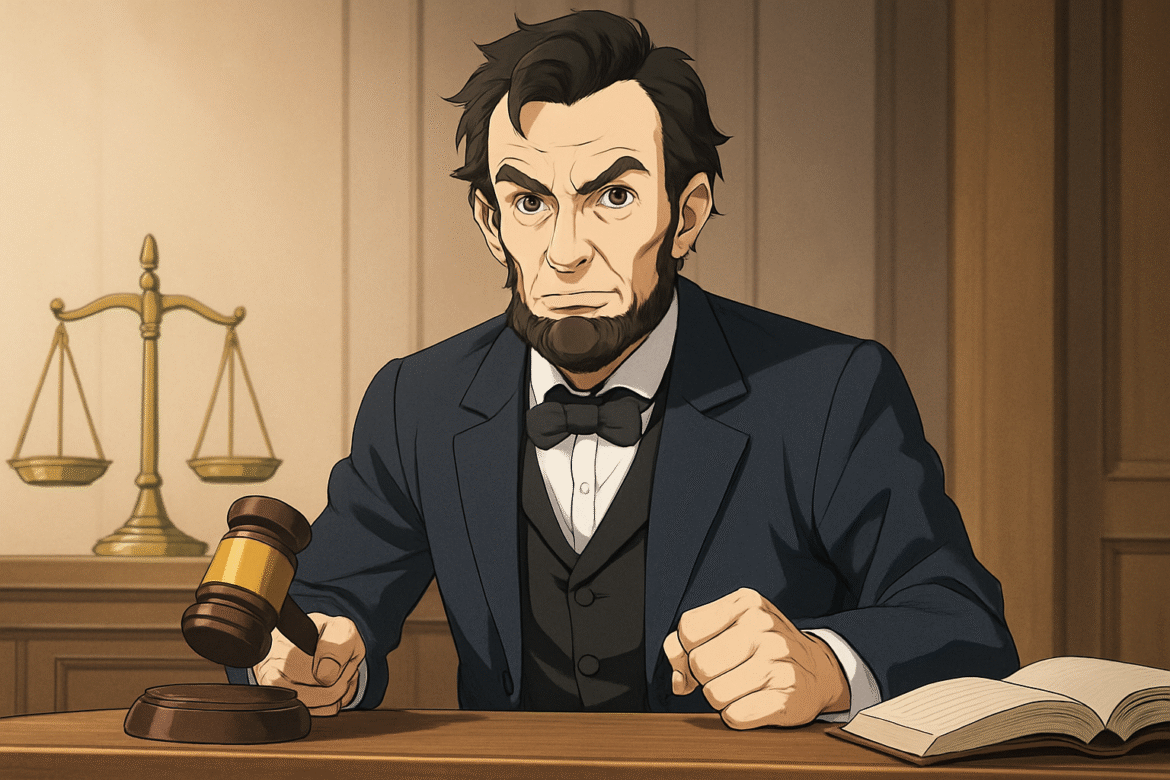 Abraham Lincoln — ex-presidente dos Estados Unidos retratado com expressão séria, segurando um martelo de juiz, com uma balança da justiça ao fundo e um livro aberto sobre a mesa, simbolizando liderança, justiça e autoridade.