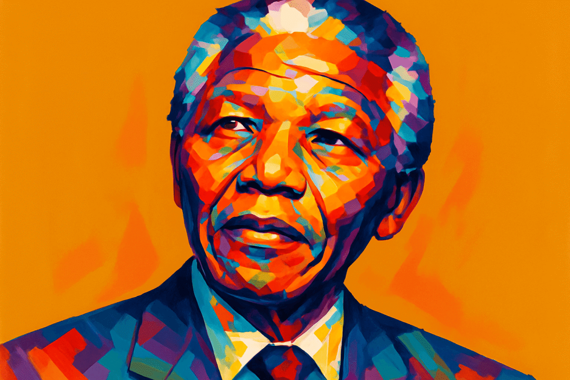 Retrato artístico e colorido de Nelson Mandela, com fundo laranja vibrante e traços geométricos que destacam sua expressão serena e determinada, vestido com terno e gravata.