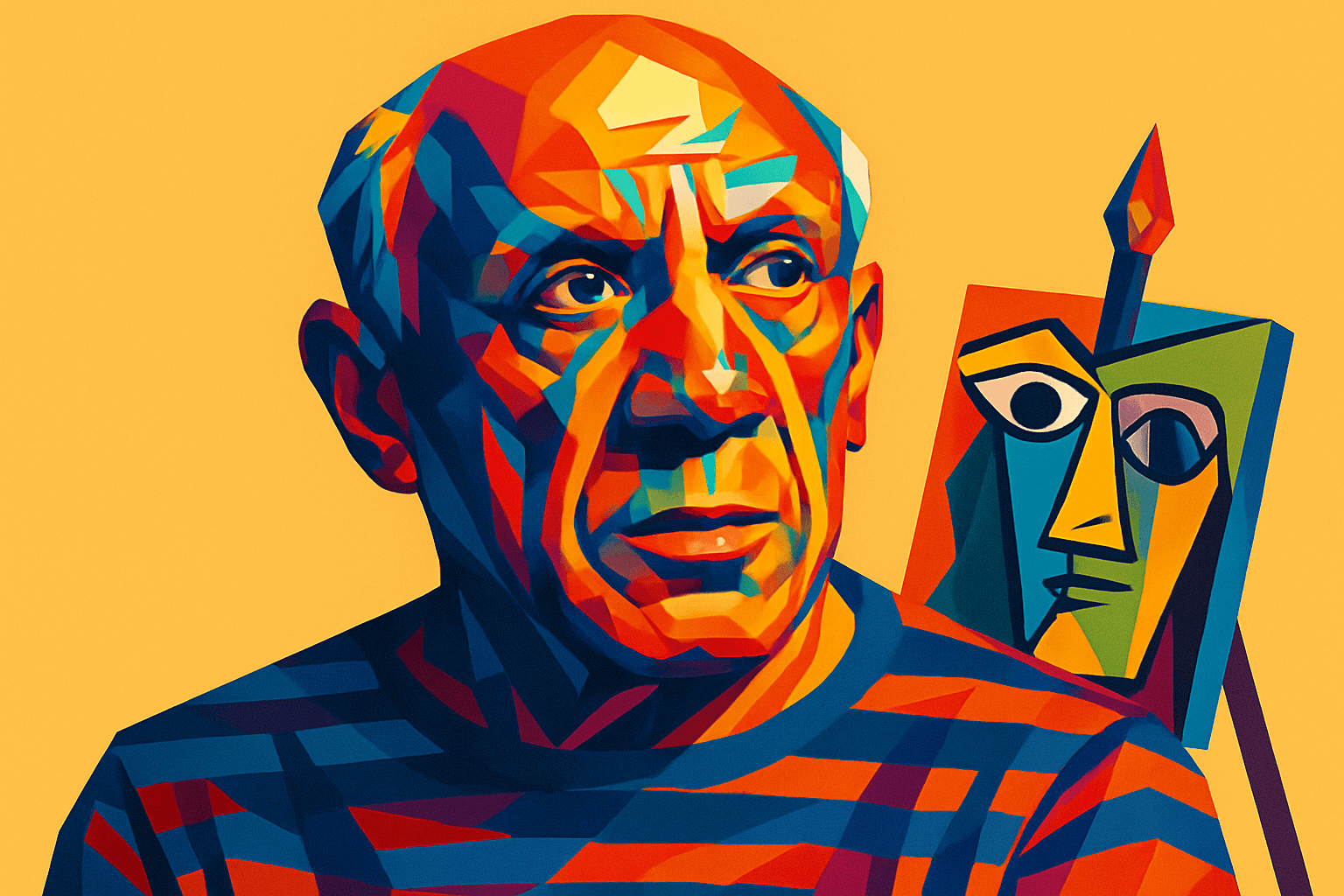 Pablo Picasso — retrato estilizado e vibrante do icônico artista modernista, com traços geométricos multicoloridos e uma obra cubista ao fundo, simbolizando sua influência sobre a arte contemporânea e a criatividade revolucionária do século XX.