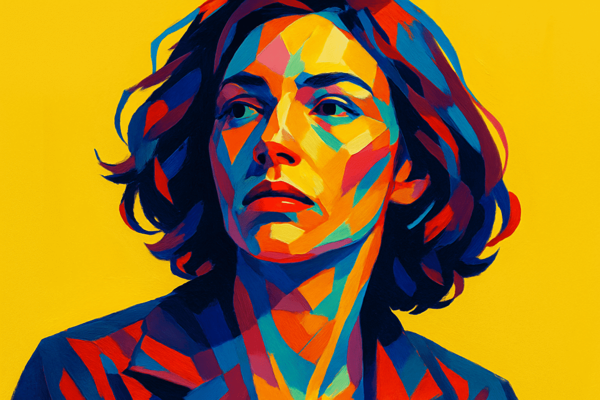 Mulher retratada em arte expressionista com cores vivas e contrastantes, transmitindo melancolia e contemplação em um fundo amarelo intenso — representação visual da saudade do amor.
