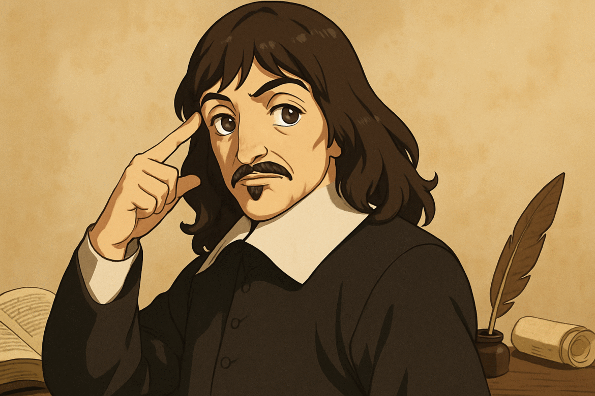 René Descartes — filósofo francês retratado com gesto pensativo, vestindo roupas do século XVII, com livros e pena de escrita ao fundo, símbolo de seu legado intelectual e racionalismo.