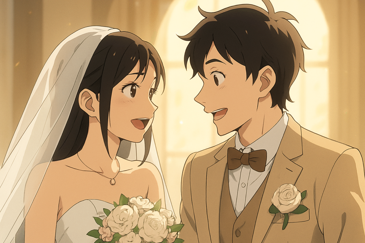 Casal de noivos em estilo anime durante cerimônia de casamento; a noiva veste um vestido branco e segura um buquê de flores, enquanto o noivo usa um terno bege com gravata borboleta e flor na lapela, ambos sorrindo com expressão de felicidade em ambiente iluminado.