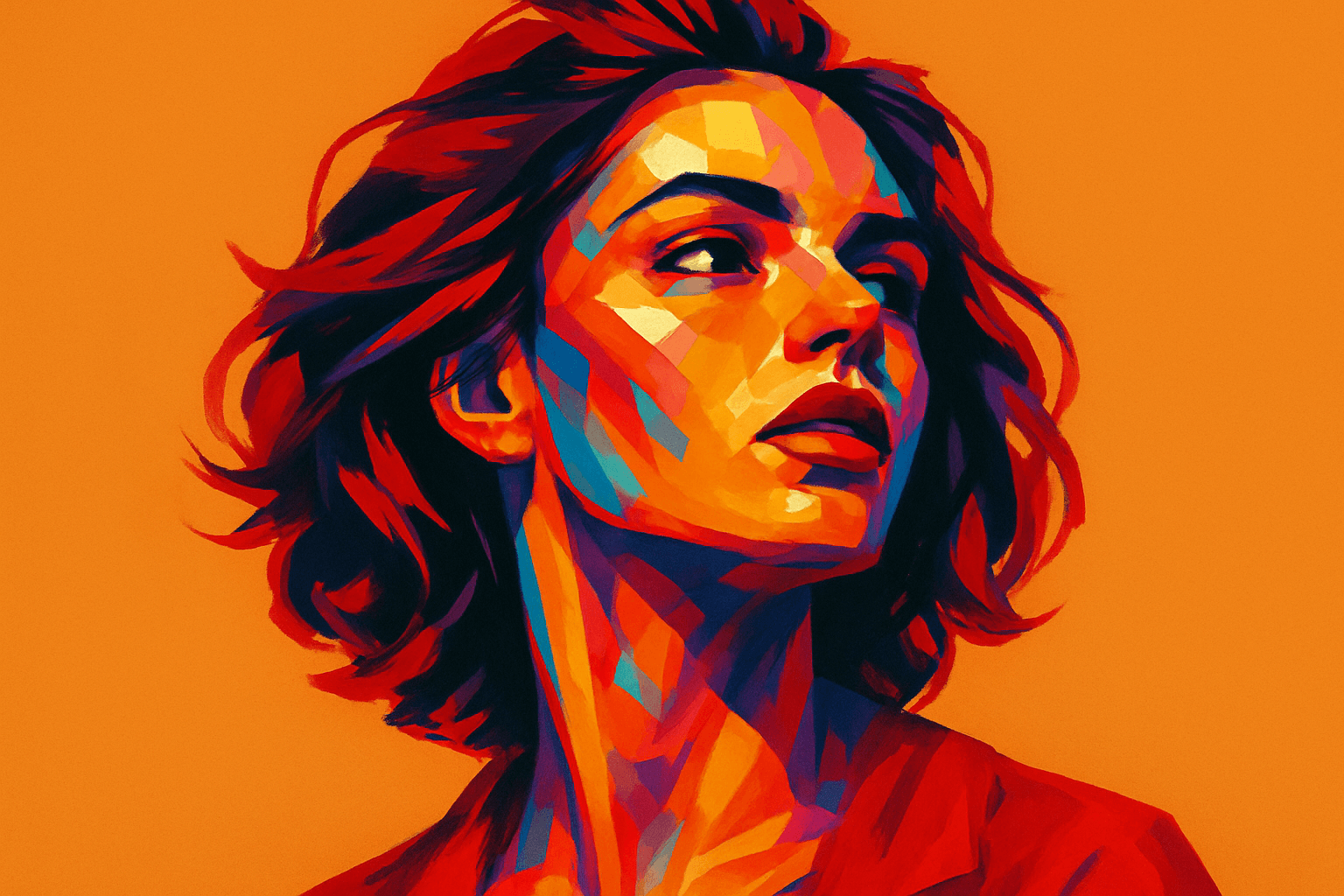Retrato artístico de uma mulher com expressão intensa e olhar penetrante, em um estilo de pintura geométrica usando tons vibrantes de vermelho, laranja e azul, transmitindo a essência de uma paixão ardente sobre fundo laranja uniforme.