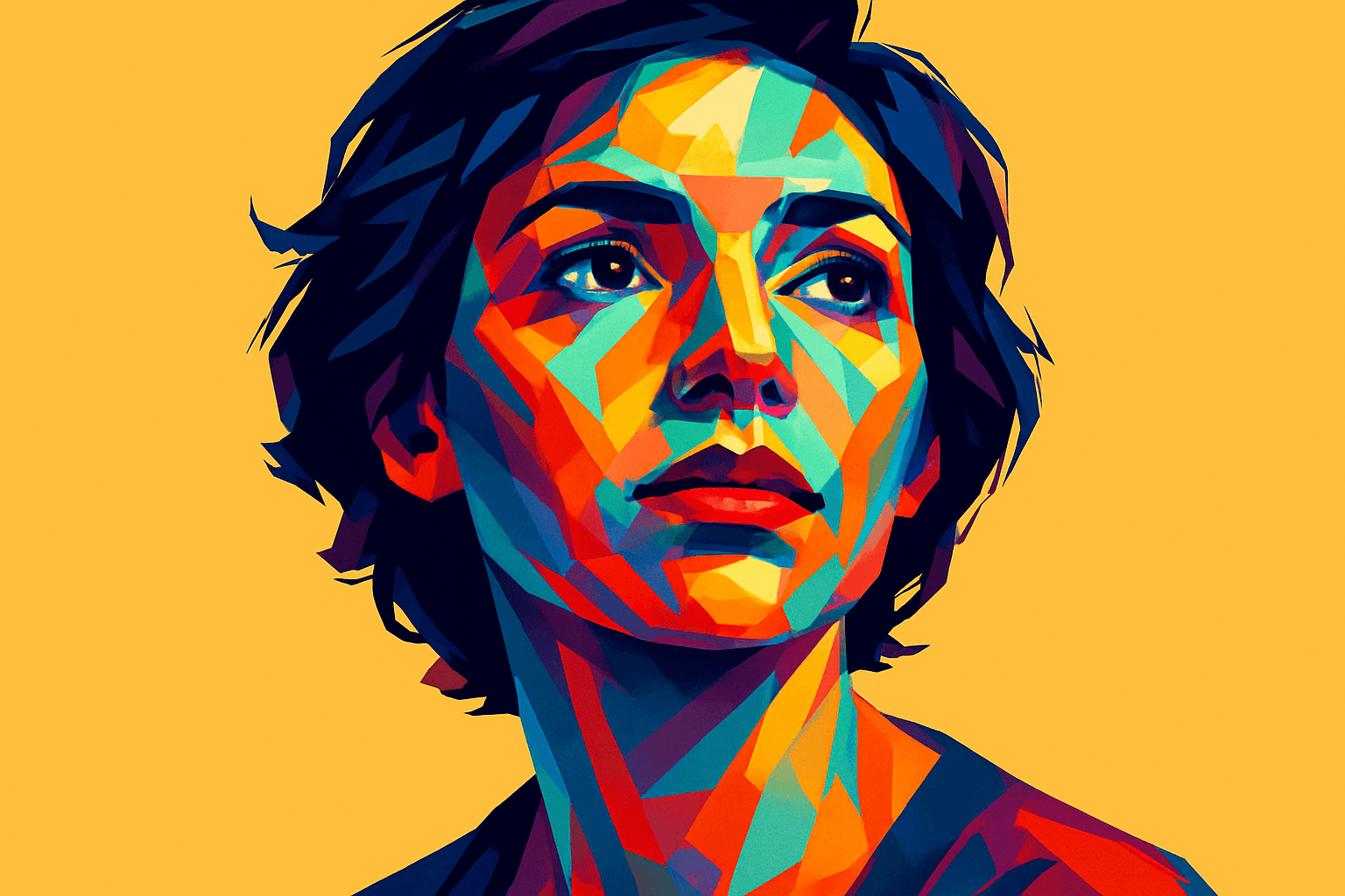 Retrato artístico de uma mulher em estilo geométrico vibrante, com traços angulares e cores intensas como azul, laranja, vermelho e amarelo sobre um fundo amarelo sólido — expressão contemplativa simbolizando profundidade emocional e amor eterno.