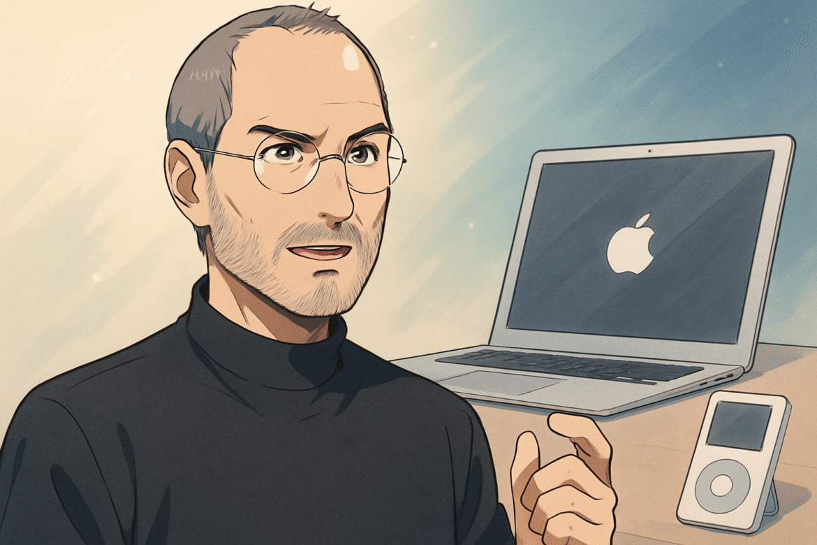 Personagem inspirado em Steve Jobs com camiseta preta de gola alta, em frente a um MacBook e um iPod, representando a inovação tecnológica e o legado da Apple.