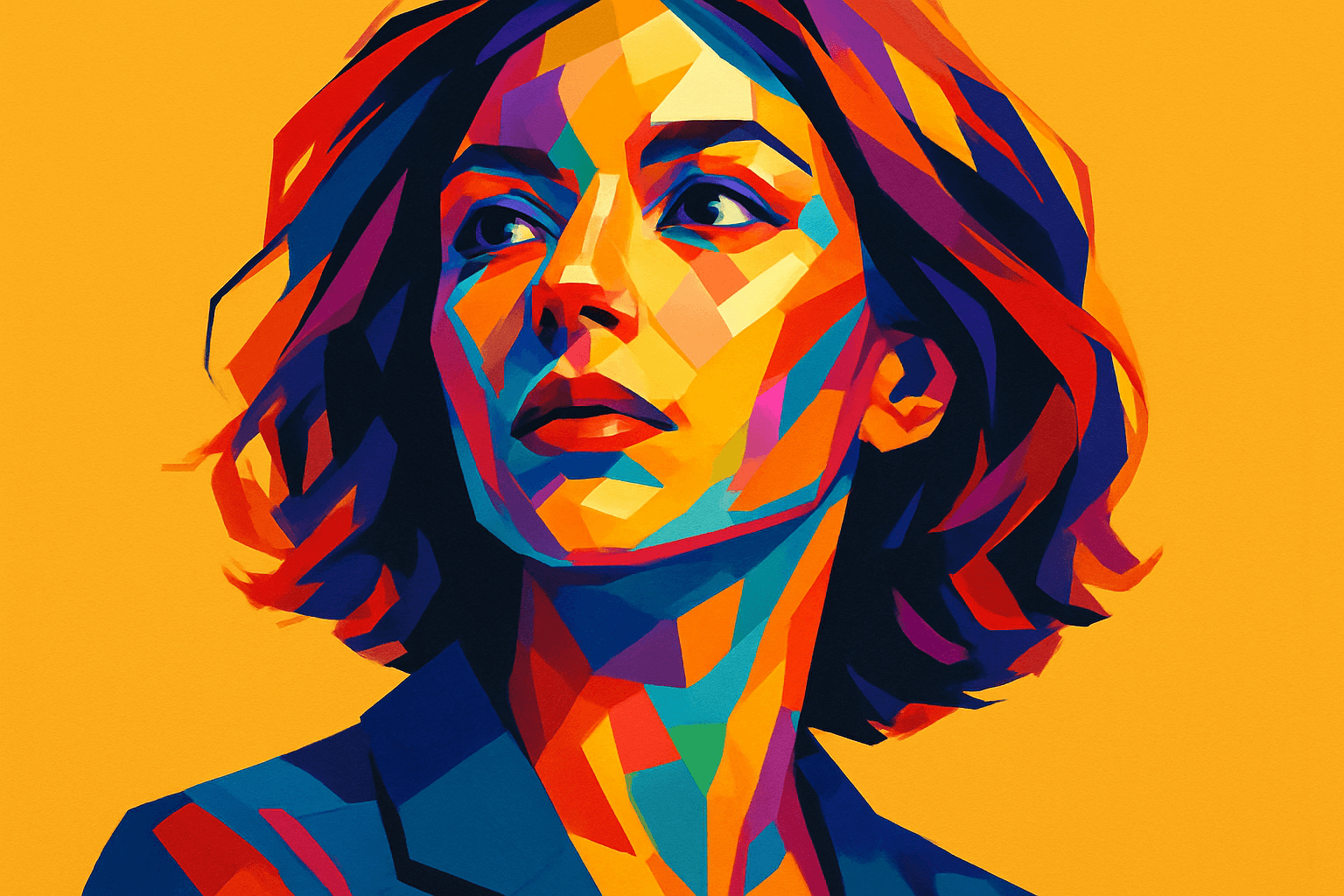 Ilustração colorida de uma mulher com expressão contemplativa, feita em estilo pop art com formas geométricas e cores vibrantes sobre fundo amarelo intenso.