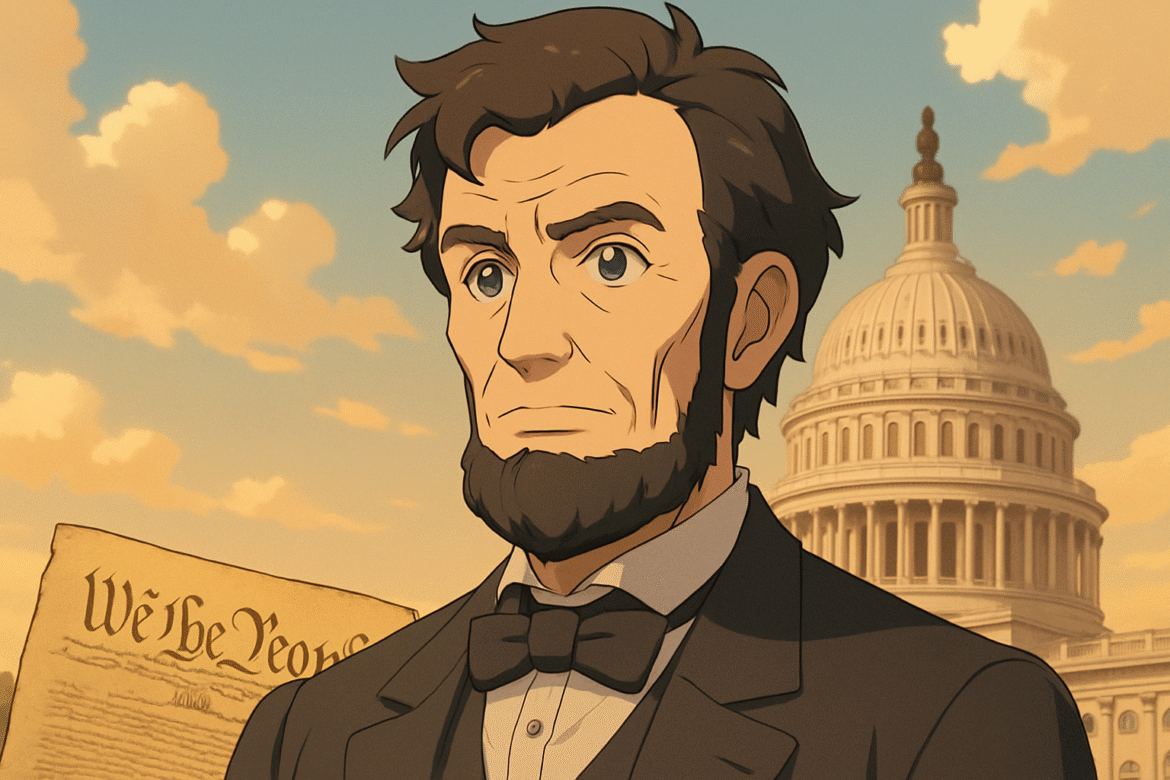 Abraham Lincoln — ex-presidente dos Estados Unidos representado em estilo anime, com o Capitólio ao fundo e a Constituição americana destacando sua ligação com a história e os princípios democráticos do país.