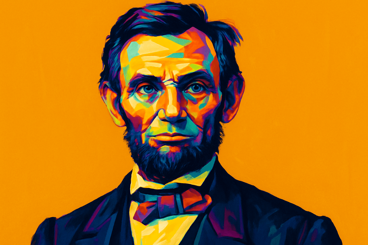 Abraham Lincoln — retratado em estilo artístico vibrante com fundo laranja, o 16º presidente dos Estados Unidos é lembrado por liderar o país durante a Guerra Civil e abolir a escravidão com a Proclamação de Emancipação.