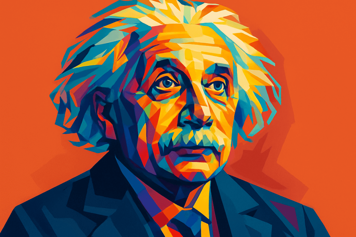 Albert Einstein — físico teórico renomado retratado em arte vetorial multicolorida sobre fundo laranja vibrante, destacando sua expressão contemplativa e cabelos característicos esvoaçantes.