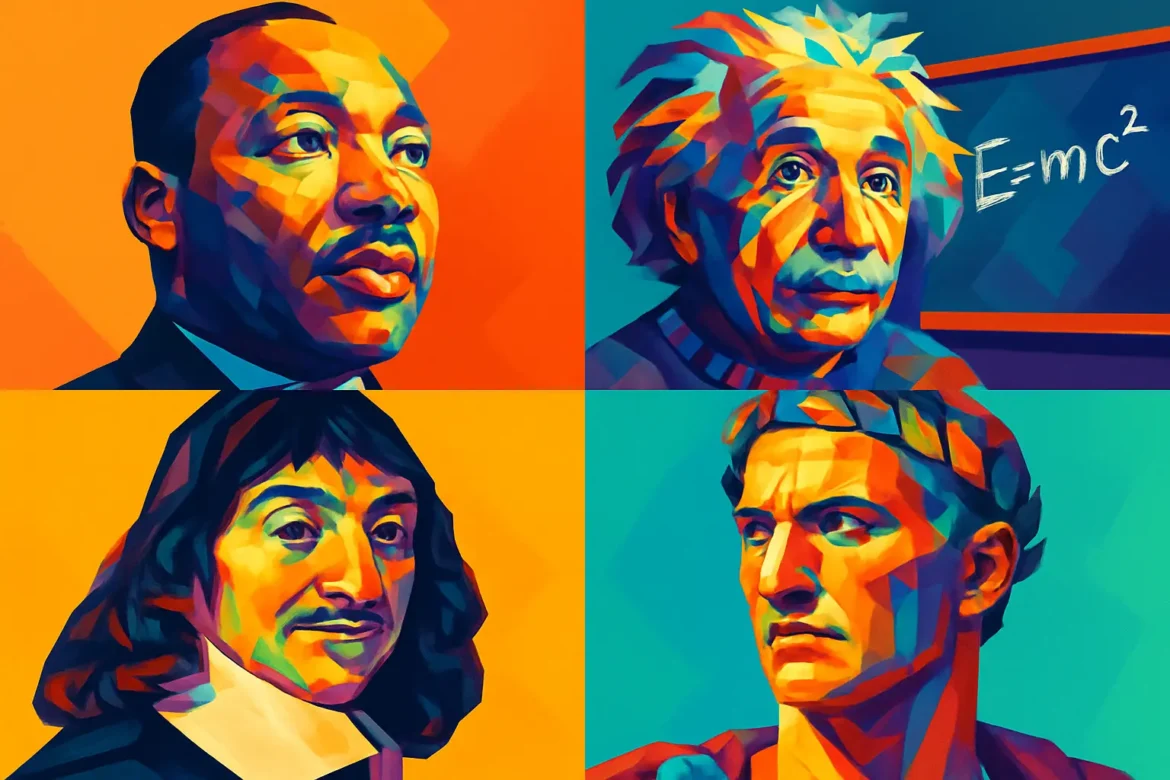 Imagem artística multicolorida em estilo pop art retrata quatro figuras históricas cujas frases marcaram a humanidade: Martin Luther King Jr., líder do movimento pelos direitos civis nos EUA, autor do icônico discurso 'I Have a Dream'; Albert Einstein, físico teórico alemão reconhecido pela equação E=mc² e seu pensamento sobre ciência e ética; René Descartes, filósofo francês pioneiro do racionalismo e autor de 'Penso, logo existo'; e Júlio César, líder romano cuja frase 'Veni, vidi, vici' simboliza conquista e determinação. Juntos, eles representam o poder transformador das palavras ao longo da história.
