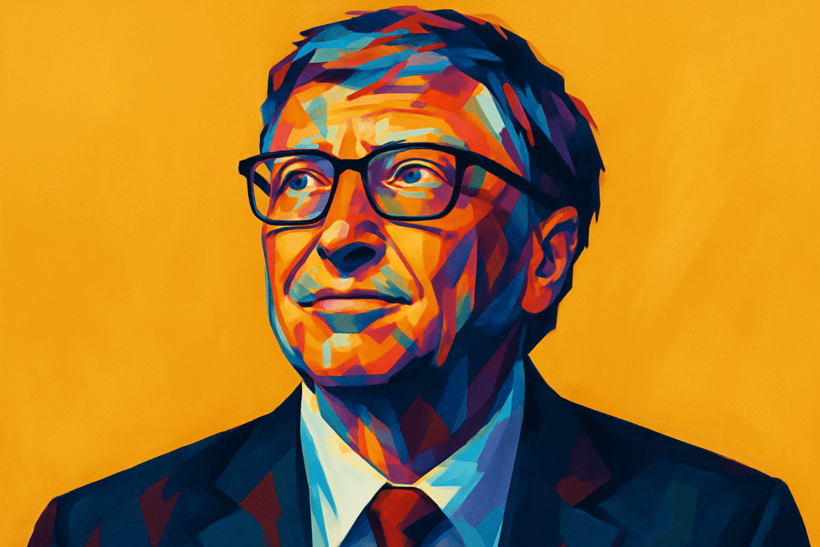 Bill Gates — retratado em arte digital vibrante, com cores marcantes e fundo amarelo sólido, vestindo terno e gravata, simbolizando visão, liderança e sucesso nos negócios.