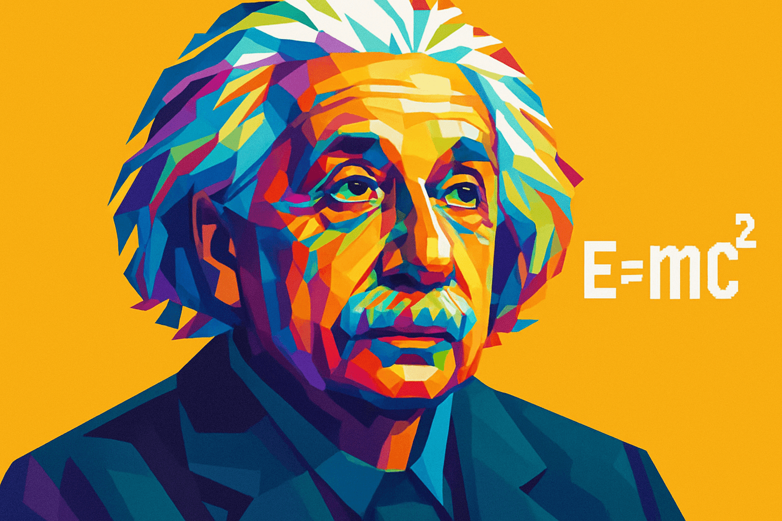 Albert Einstein — físico teórico renomado retratado em arte vetorial multicolorida sobre fundo laranja vibrante, destacando sua expressão contemplativa e cabelos característicos esvoaçantes.