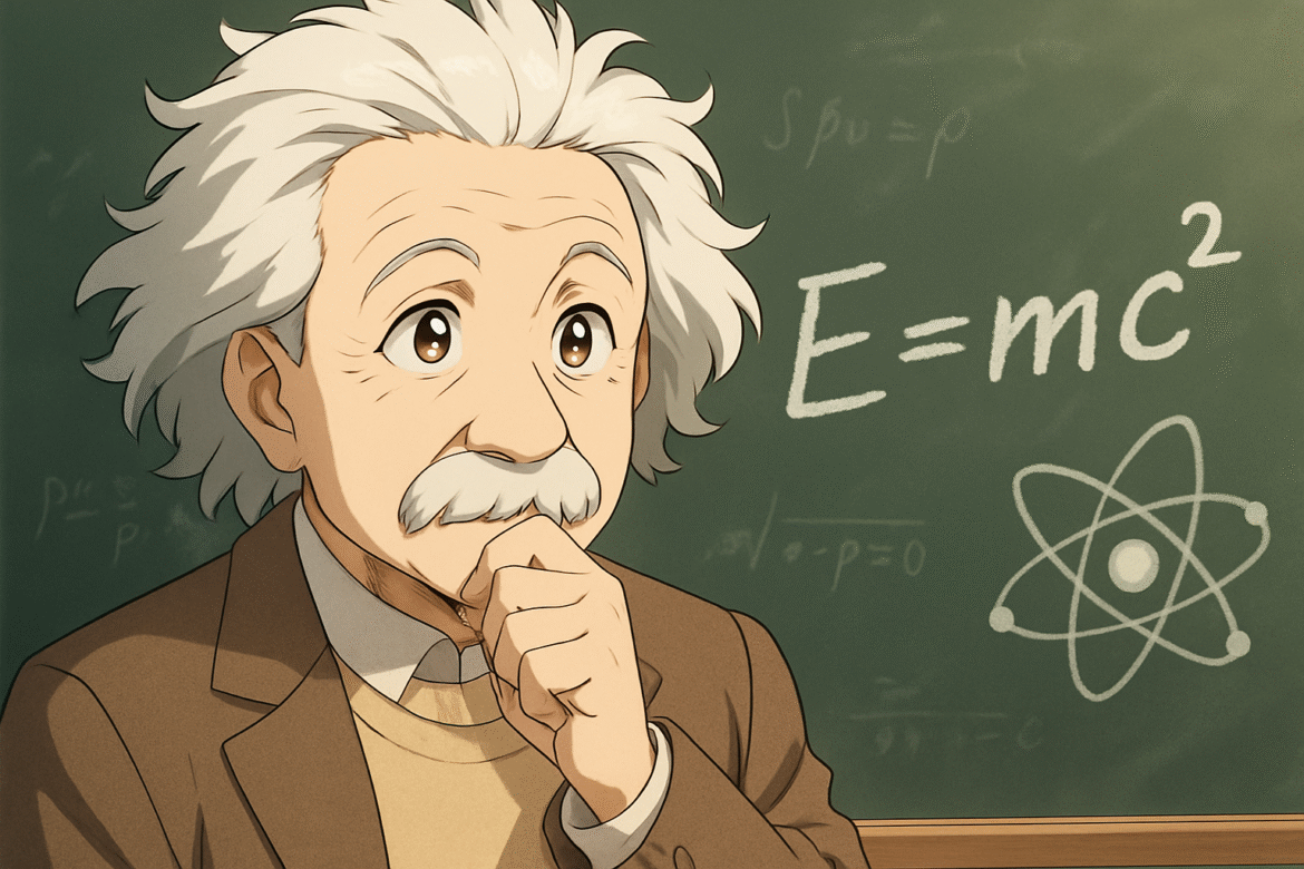 Albert Einstein em versão anime, com expressão pensativa diante de um quadro negro onde está escrita sua famosa equação E=mc² e o desenho de um átomo ao fundo.