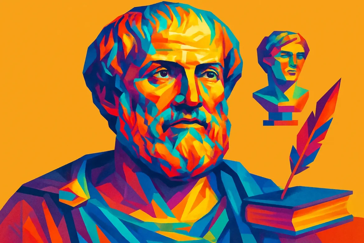 Ilustração artística com cores vibrantes de Aristóteles (384 a.C. – 322 a.C.), um dos mais influentes filósofos da Grécia Antiga, cujas obras moldaram áreas como lógica, metafísica, ética, política e ciências naturais. À direita, aparecem uma escultura clássica e símbolos do saber, como um livro e uma pena, representando seu legado intelectual duradouro.