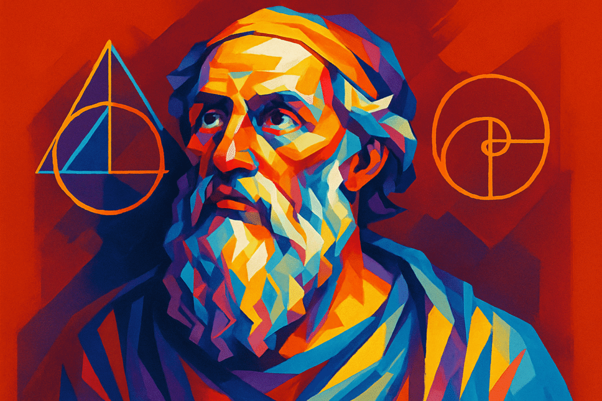 Arquimedes — gênio matemático da Grécia Antiga retratado em estilo artístico vibrante, com vestes clássicas e símbolos geométricos ao fundo representando suas descobertas em geometria e física, como o círculo e o triângulo inscritos, além da espiral dourada.