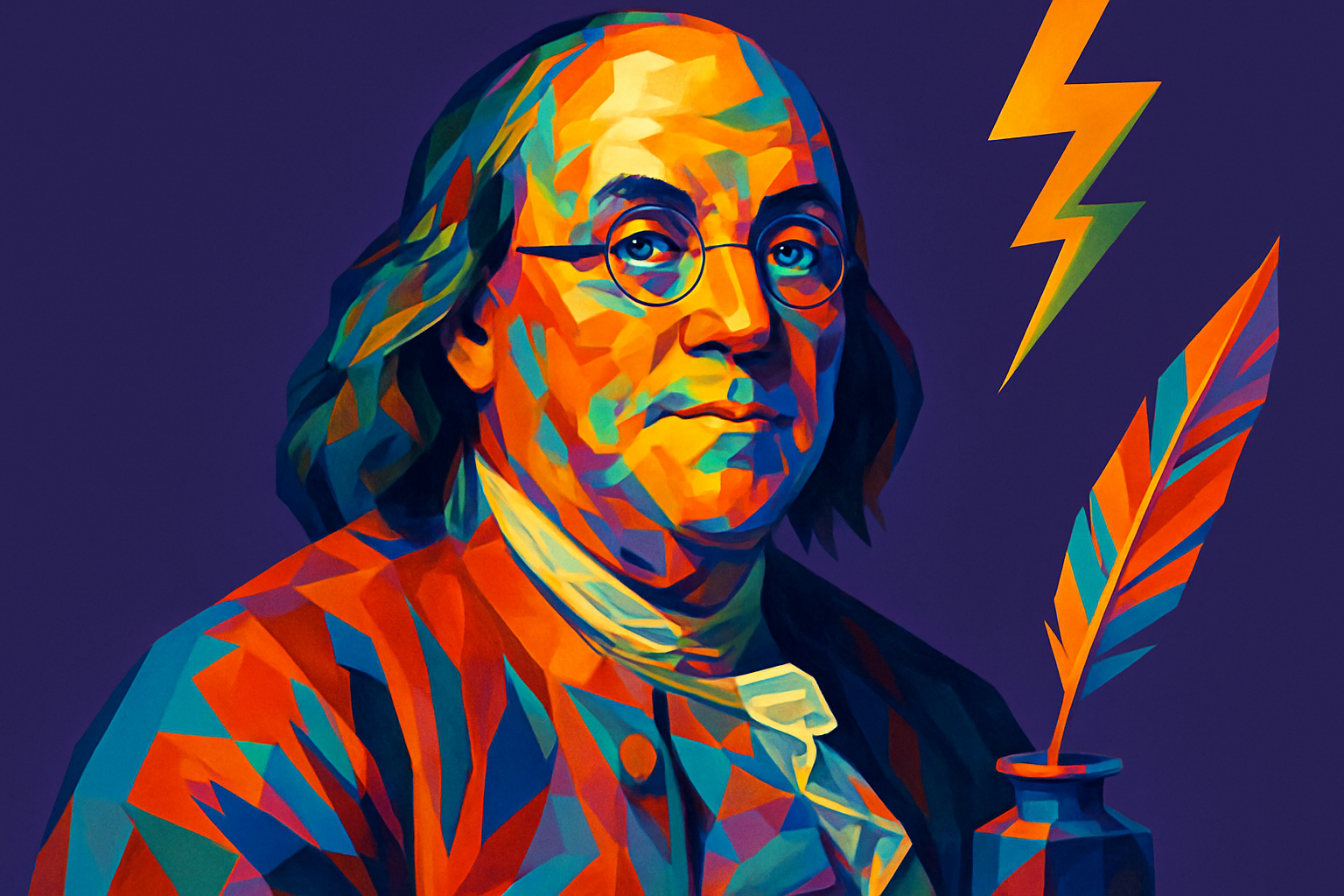 Benjamin Franklin — estadista e inventor norte-americano retratado, com pena ao lado e um símbolo de raio, representando seus experimentos com eletricidade.