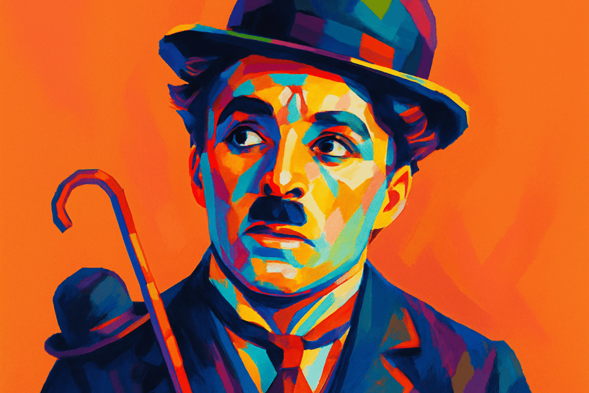 Retrato vibrante de Charles Chaplin — ícone do cinema mudo — com sua clássica cartola, bengala e bigode, representado em arte pop com cores intensas sobre fundo laranja intenso.