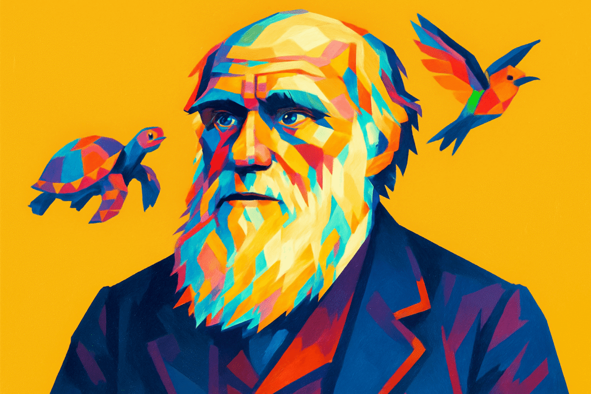 Charles Darwin — naturalista britânico retratado em estilo artístico vibrante, com uma tartaruga e um pássaro representando os estudos sobre a evolução das espécies e as observações feitas nas Ilhas Galápagos.