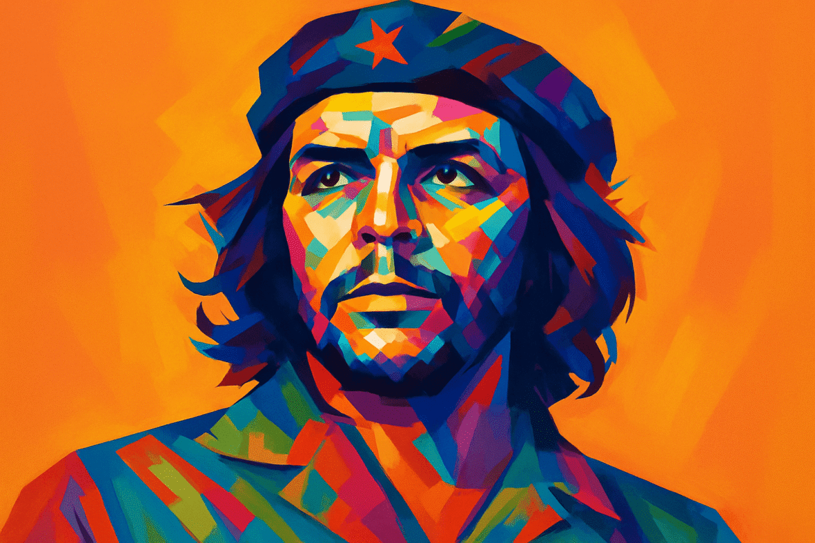 Che Guevara — retrato artístico com cores vibrantes do líder revolucionário argentino, usando boina com estrela vermelha sobre fundo alaranjado intenso.